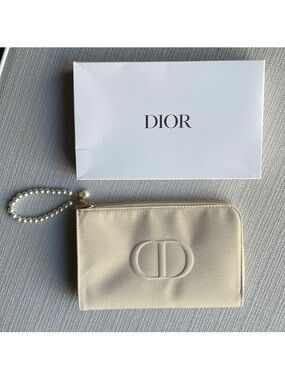 New Dior canvas logo trousse pouch with Pearl charm keychain - tan/beige color